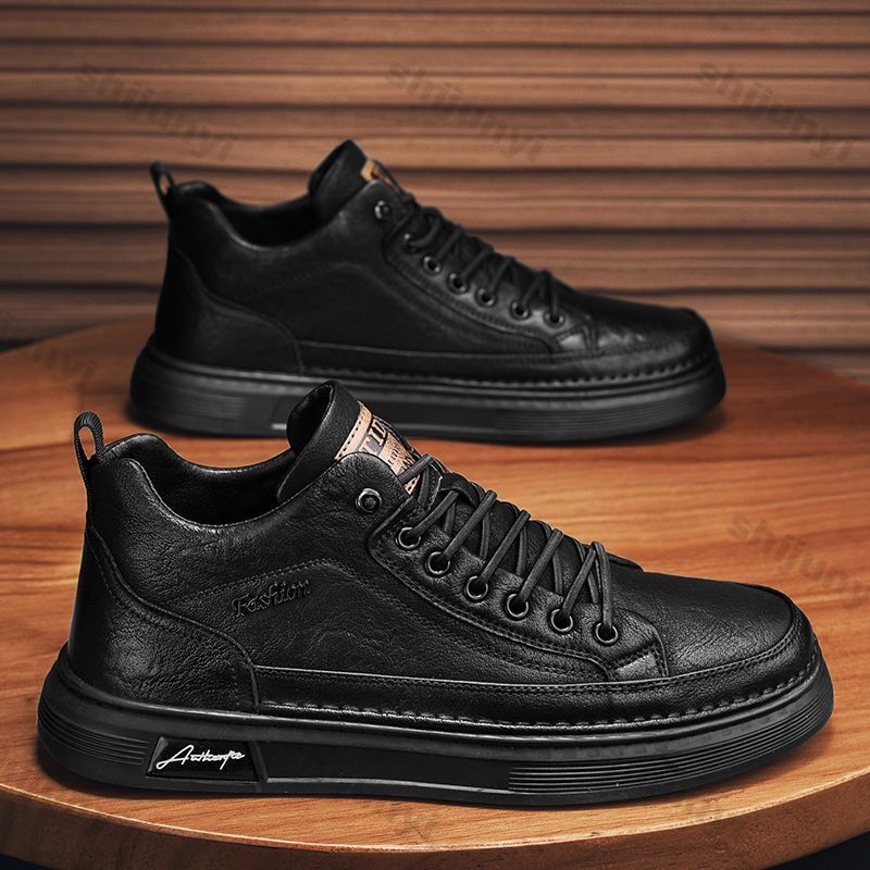 Leather Work Boots - Men Ankle Boots Black PU Leather