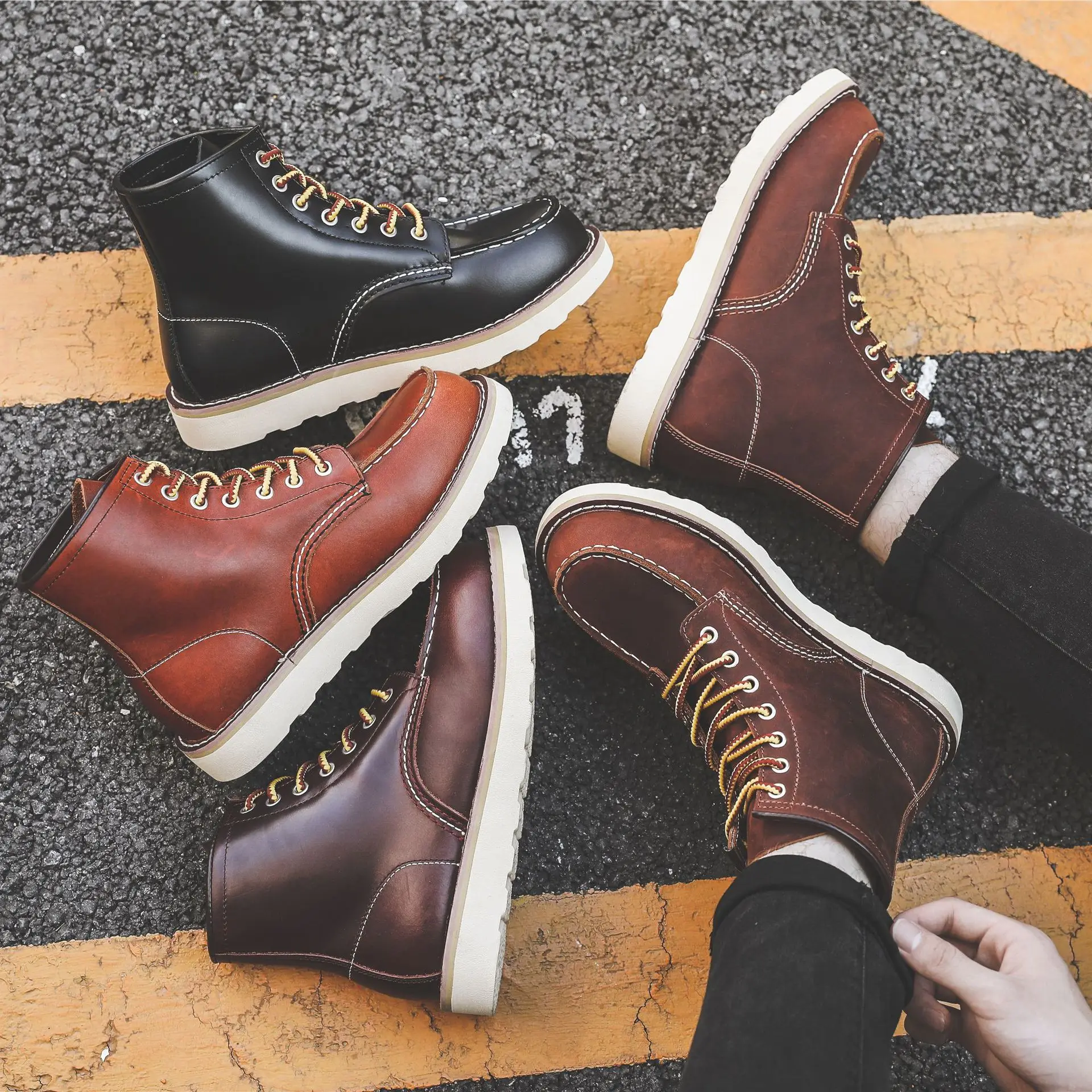 Leather Work Boots - Men Spring Winter Casual Shoes Round