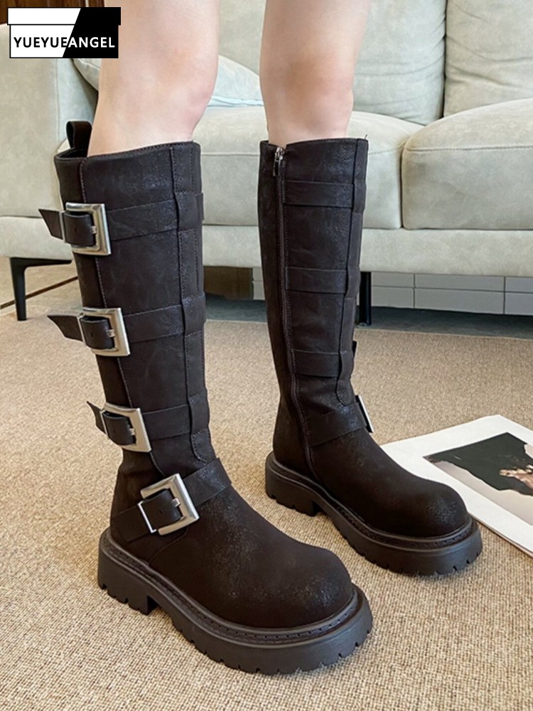 Fashion Women Multi Buckle Kne - Leather Work Boots review and price